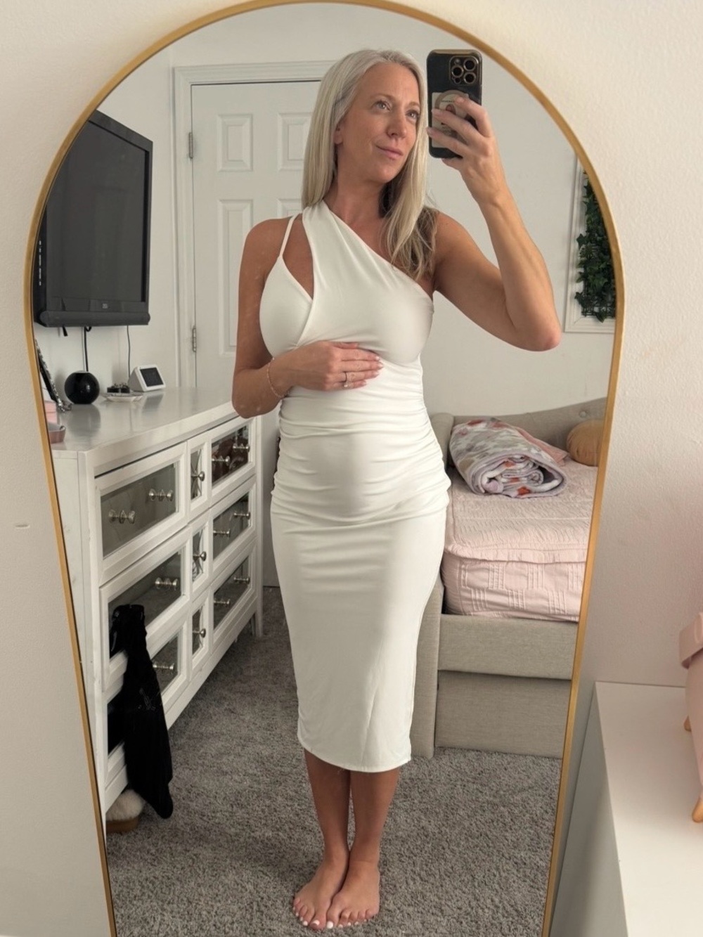 Club L London Ivory One-Shoulder Ruched Midi Dress